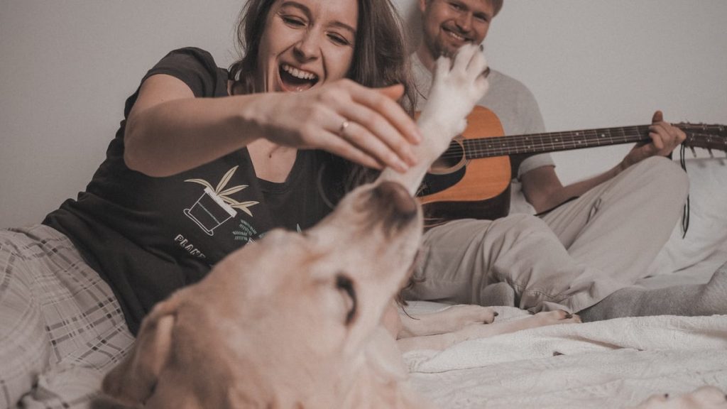 Couple enjoying a moment with their dog and guitar indoors, showcasing happiness and warmth.